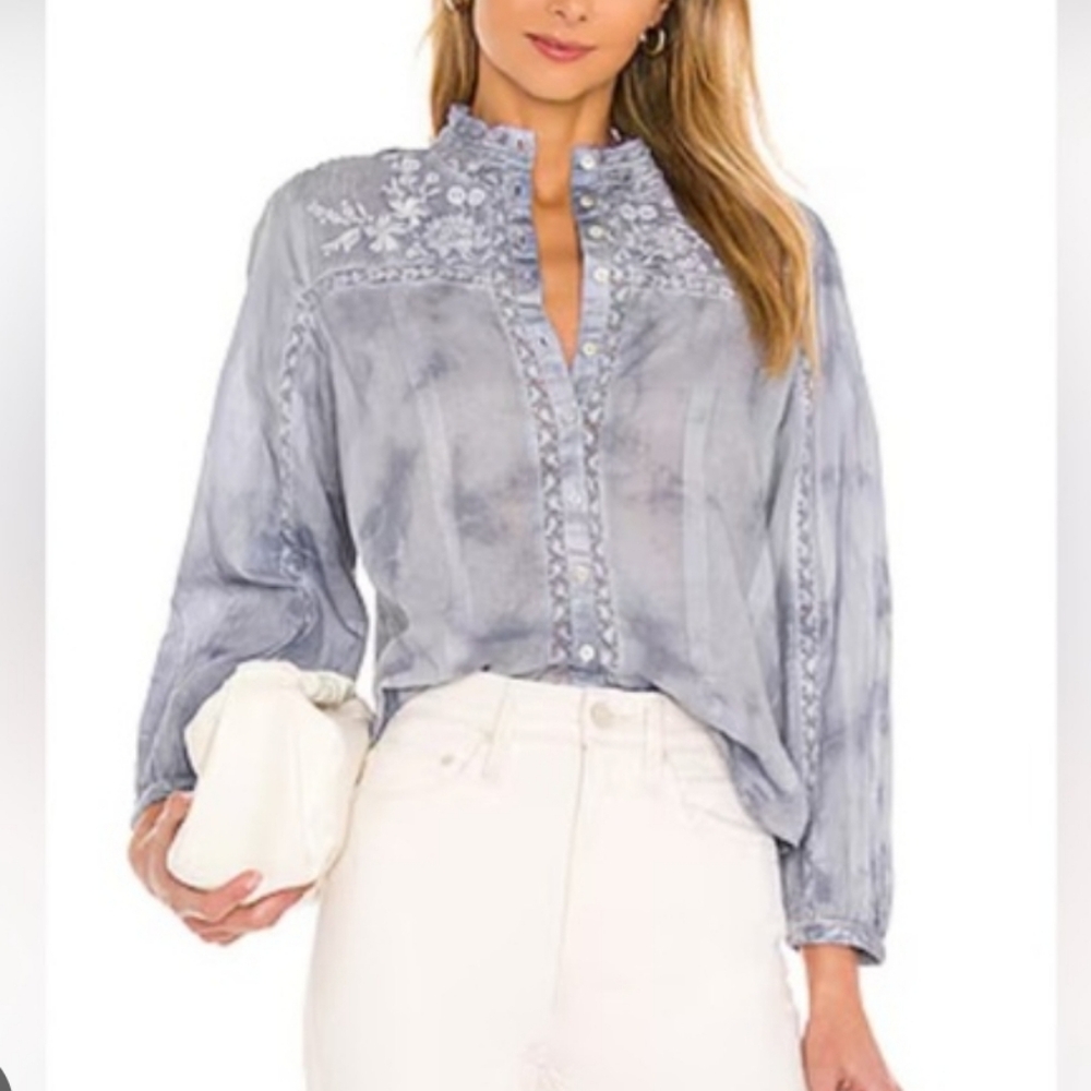 LoveShackFancy Ronda Tie-Dye Button Down Embroidered Top XS
